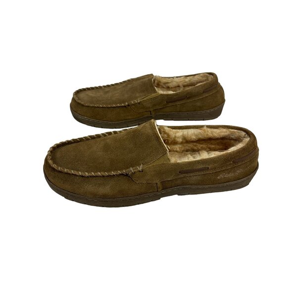 Eddie Bauer Mens Suede Moccasin Slippers XL (11-12) Faux Fur Lined Brown - Picture 2 of 9